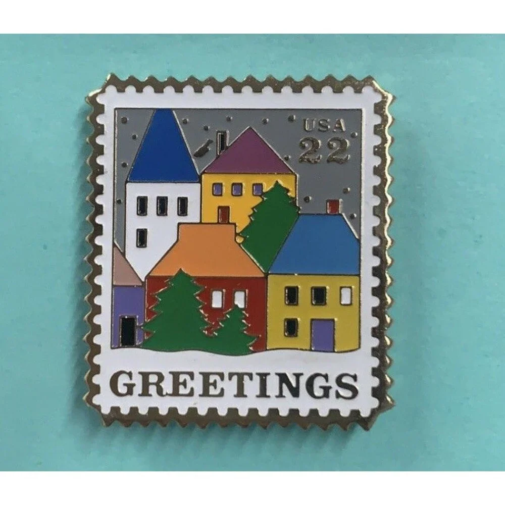 Greetings USA 22 Postage Stamp Snowy Village Houses Holiday Postal Pin